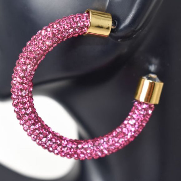 1.75" Boho Fuchsia Pave Rhinestones Hoop Earrings - Picture 12 of 12